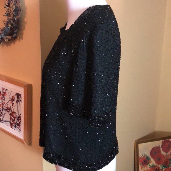 Vintage Y2K STENAY Size Small Beaded Silk Evening Top Blazer Ink Black Elegant - Picture 5 of 16